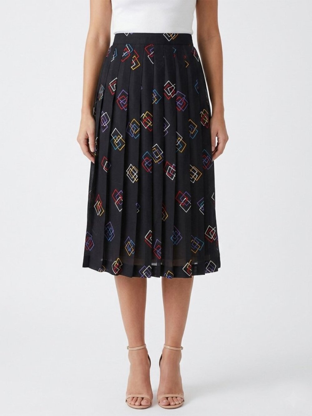 Vintage Midi Pleated Skirt Boho Retro Geo Pattern Summer Black Geek Secretary